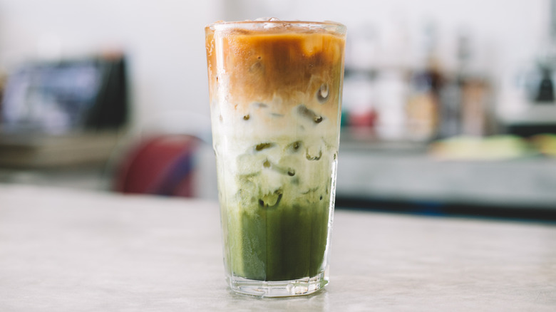 Glass of iced matcha with espresso