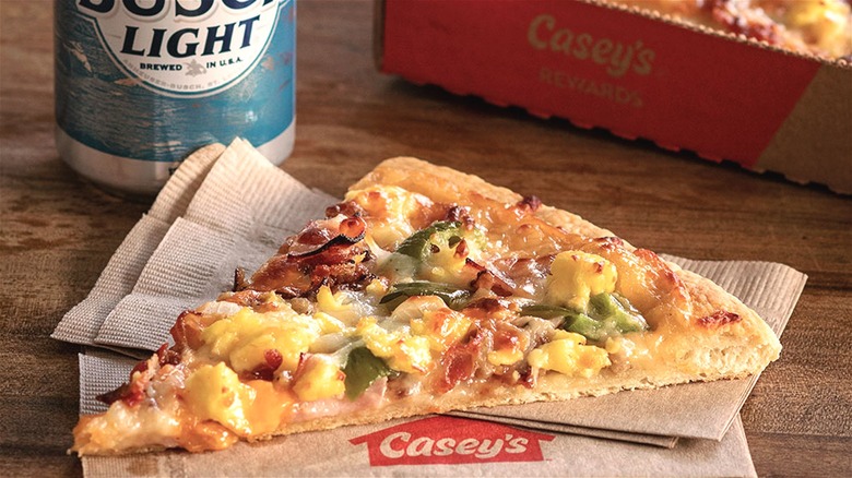 Casey's Beer Cheese Breakfast pizza with can of Busch Light