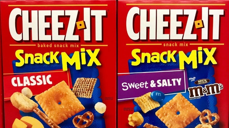 Boxes of Cheez-It Original Snack Mix and with M&M's