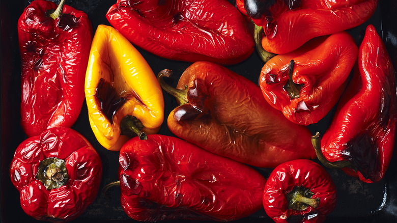 Roasted red peppers on a tray