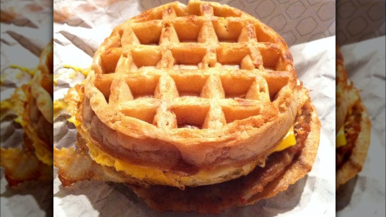 Waffle sandwich on wrapper