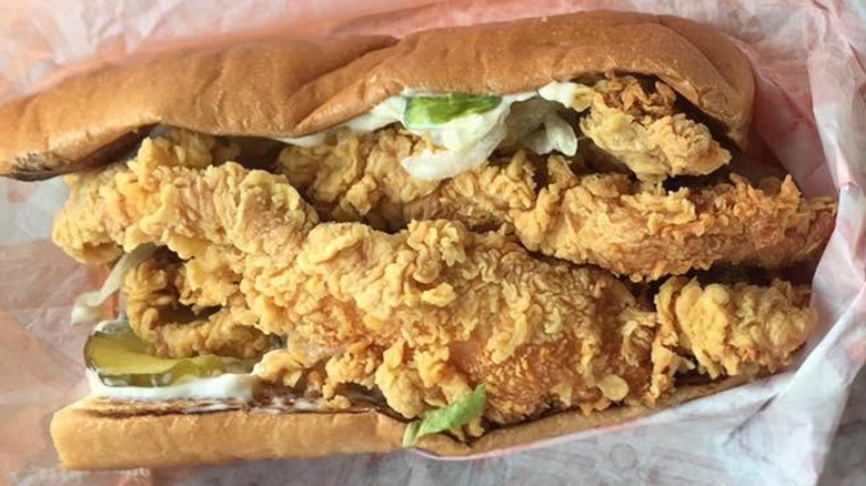 Popeye's chicken Po'boy on wrapper