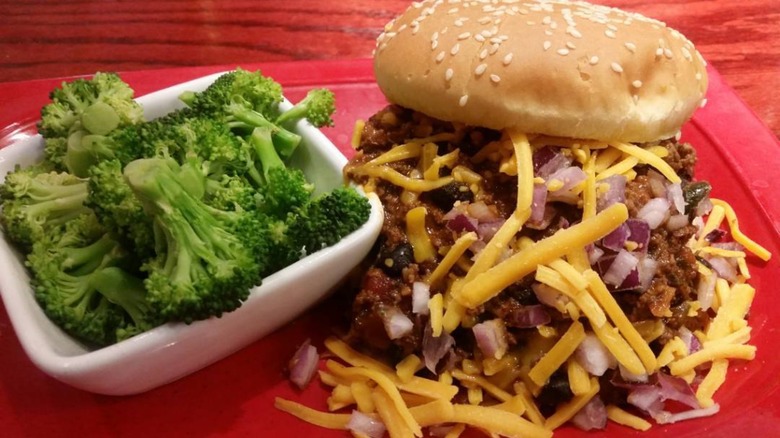 Chili Chili cheeseburger and broccoli