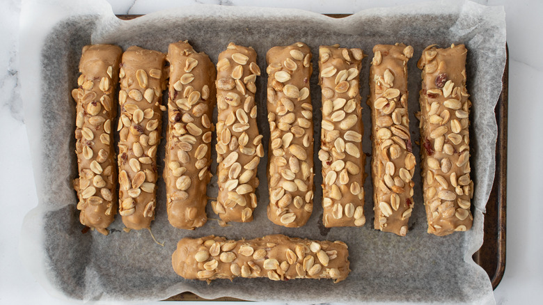 peanut bars on baking sheet