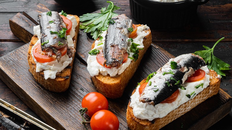 sardines on ricotta and tomato toast