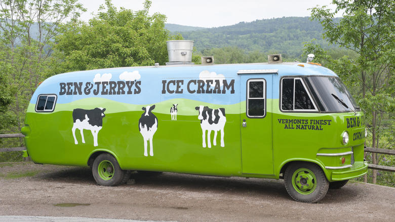 A Ben & Jerry's ice cream truck painted with its signature happy cows