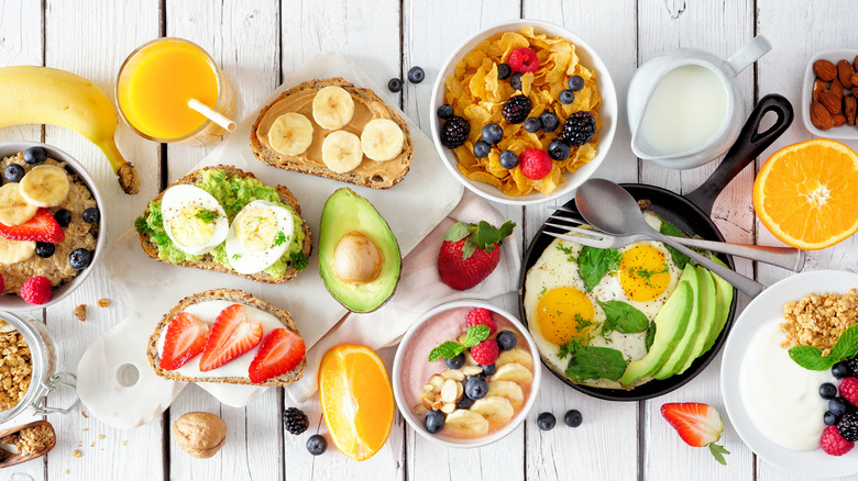 Cereals, fruits, eggs, and toast