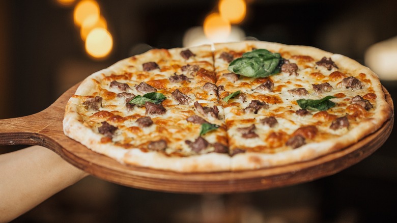 Pizza on a serving paddle