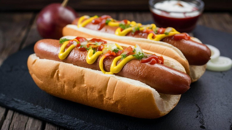 hot dogs with mustard and peppers