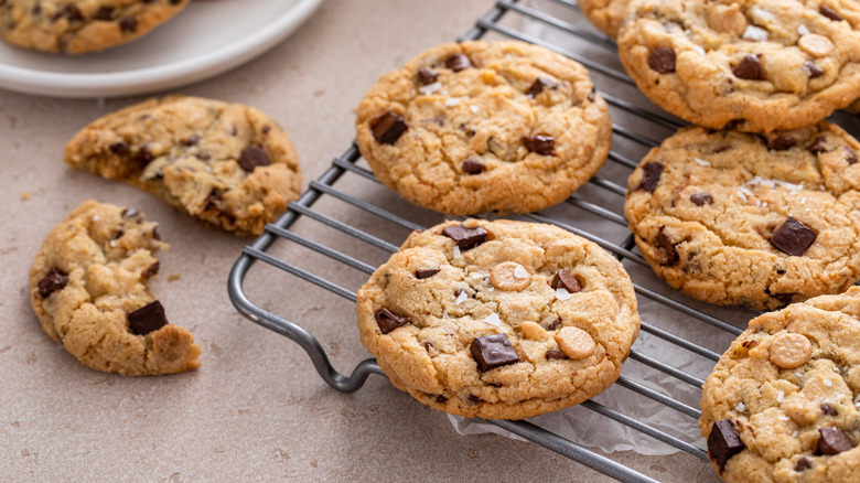 homemade chocolate chip cookies on a cooling rack