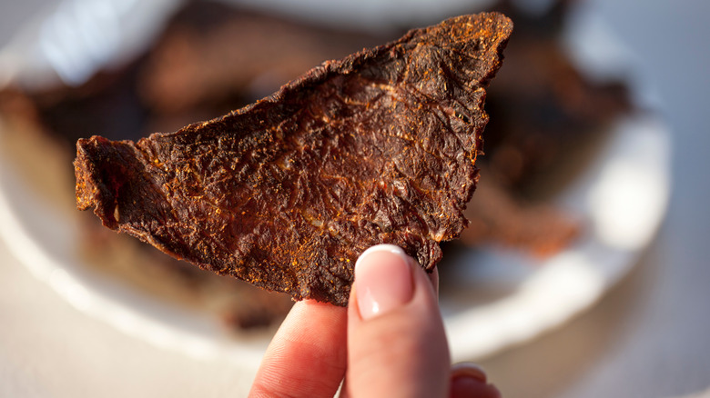 Piece of beef jerky held in fingertips