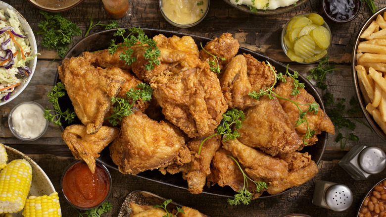 platter of fried chicken and sides