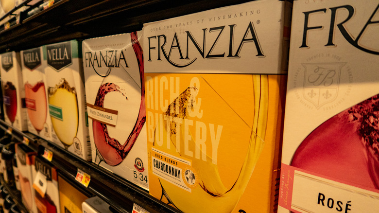 Assortment of boxed wines on grocery shelf