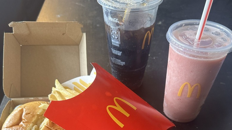 McCafe Strawberry Banana Smoothie with burger and fries