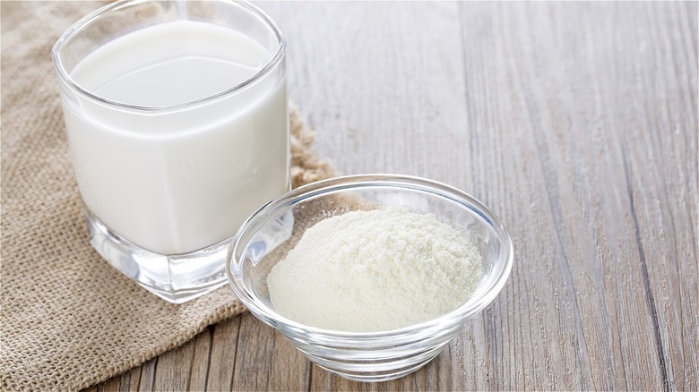 glass of milk, dry milk powder