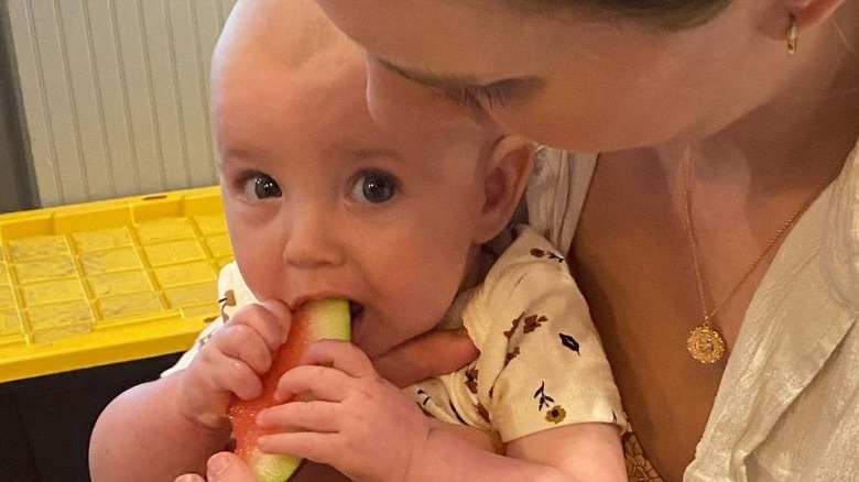 Duff Goldman's baby eating watermelon
