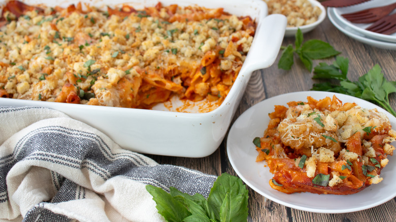 pasta casserole in pan and on plate