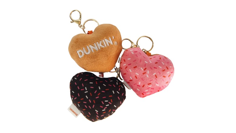 Heart-shaped plush Valentine's Day keychains from Dunkin'