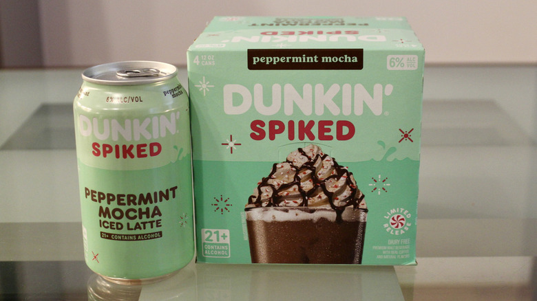 A Dunkin' box shows a Peppermint Spiked Mocha Latte