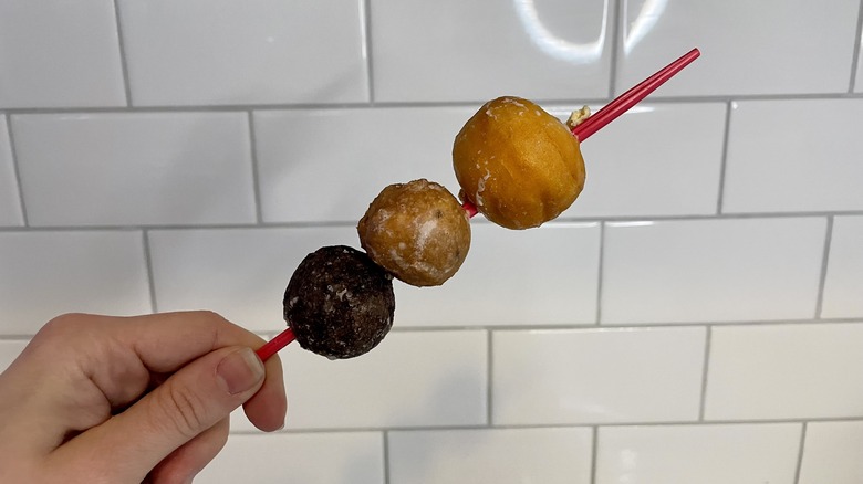 Three donut holes on skewer 