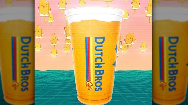 a promotional image of an orange dutchbros drink on a pink and blue background