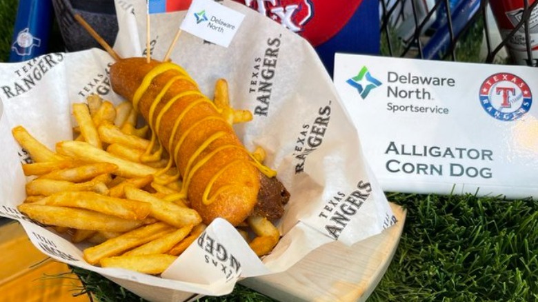 alligator corn dog with fries