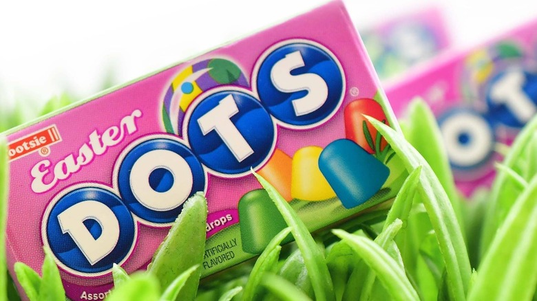 Closeup of a box of Easter Dots candy