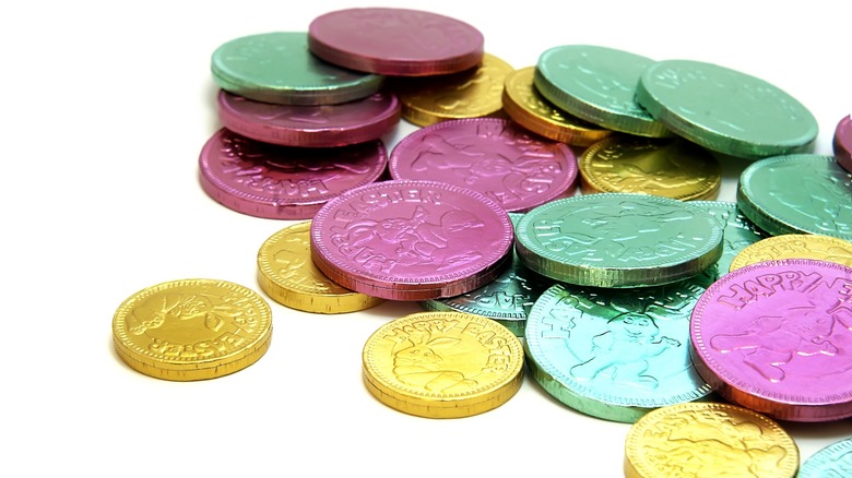 Green, pink, and gold Easter chocolate coins