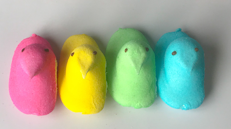 Line of Peeps in pink, yellow, green, and blue