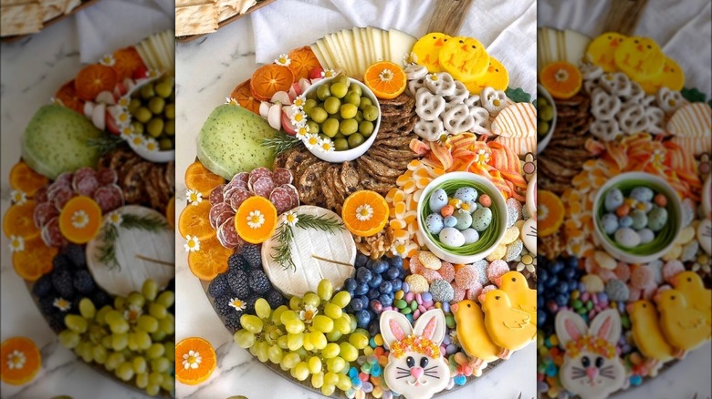 An Easter Charcuterie spread with multicolored foods