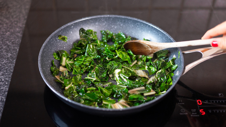 cooked chard in frying pan