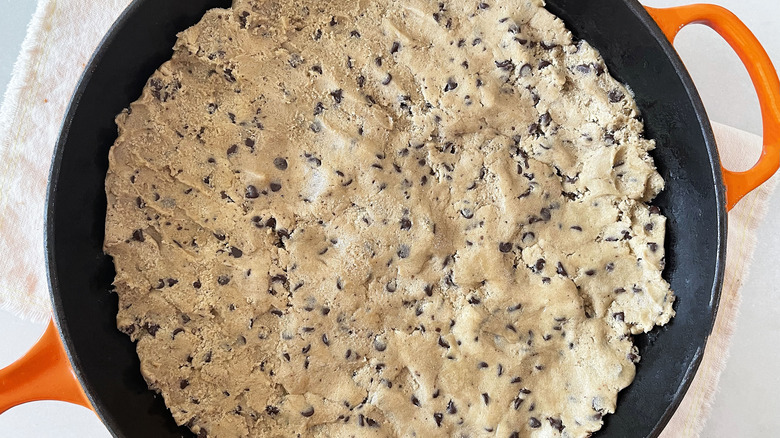 Skillet with raw cookie dough