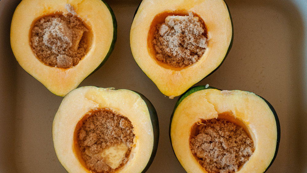 brown sugar butter acorn squash in pan