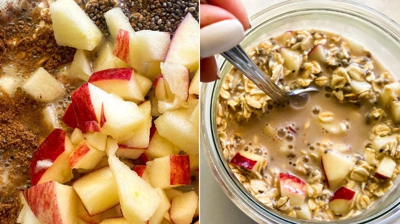 stirring chopped apples into oats 