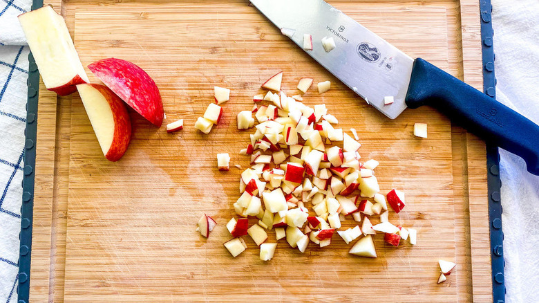 diced apples on cutting board