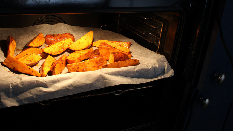 sweet potatoes in 350F oven