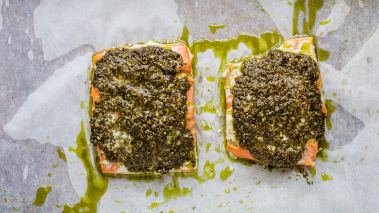 baked salmon on tray