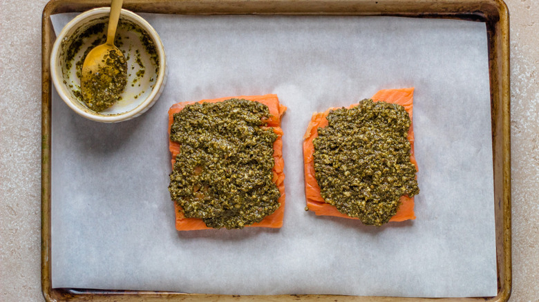 pesto spread on salmon