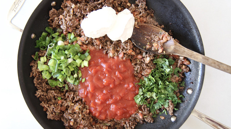 skillet filled with beef