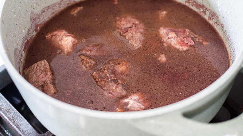 beef tips in a pot 