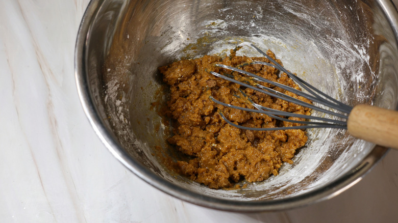 mixing bowl with pudding ingredients