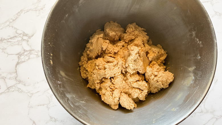 Peanut butter dough in a bowl.