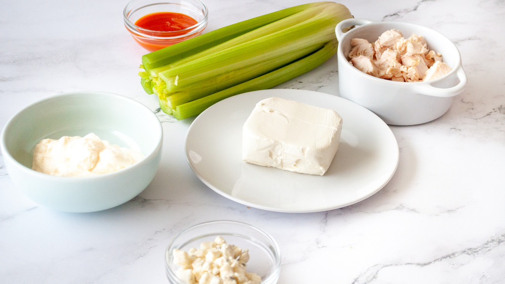 Easy buffalo chicken dip ingredients on display