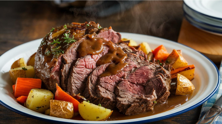 Dish holding slices of roast beef