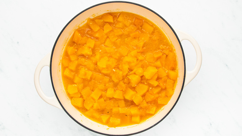 butternut squash and broth in pot