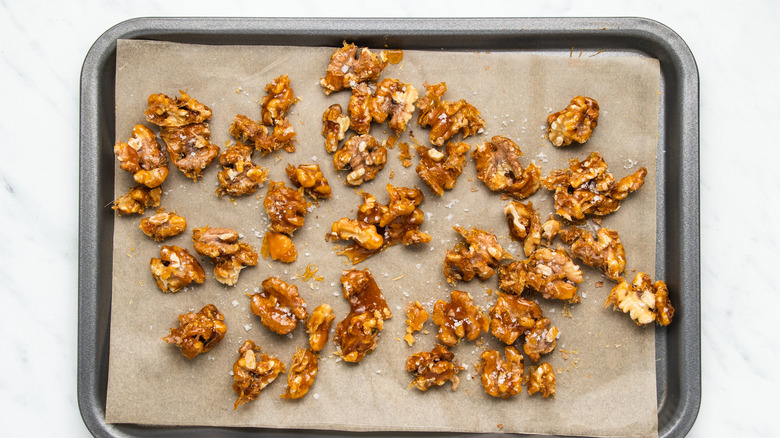 salt sprinkled over candied nuts