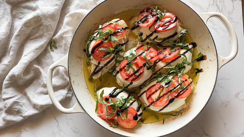 chicken Caprese with mozzarella, tomatoes, basil, and balsamic glaze