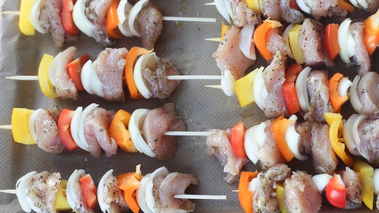 chicken kabobs prepared to cook