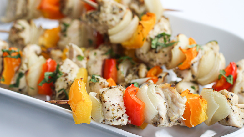 chicken kabobs on platter