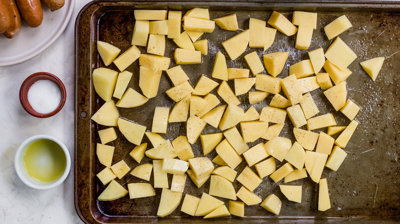 cubed potatoes on tray